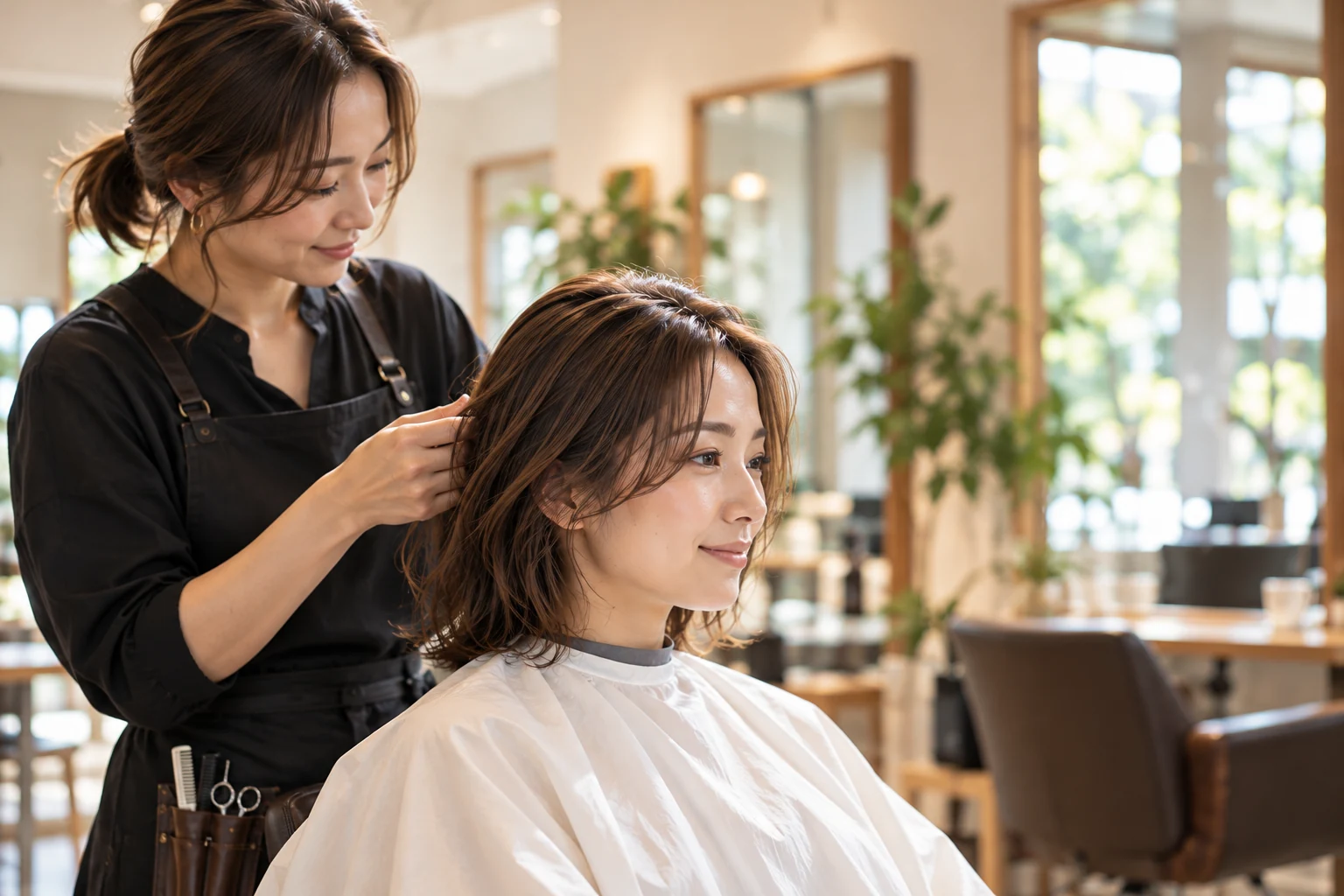 女性客のヘアスタイルを整えるスタイリスト